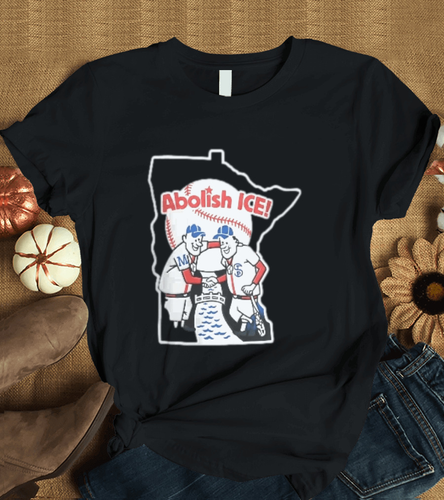Minnesota Twins Abolish ICE Cartoon Players Shaking Hands River State T-Shirt
