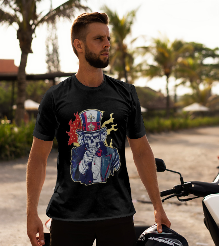 New Orleans Pelicans Skeleton Uncle Sam Pointing American Flag Fleur De Lis T-Shirt