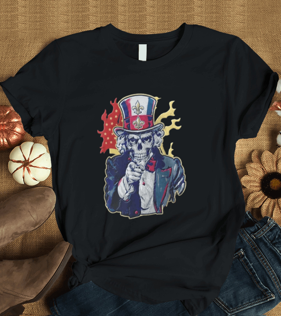 New Orleans Pelicans Skeleton Uncle Sam Pointing American Flag Fleur De Lis T-Shirt