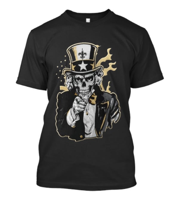 New Orleans Saints Skeleton Uncle Sam Pointing Fleur De Lis American Flag T-Shirt