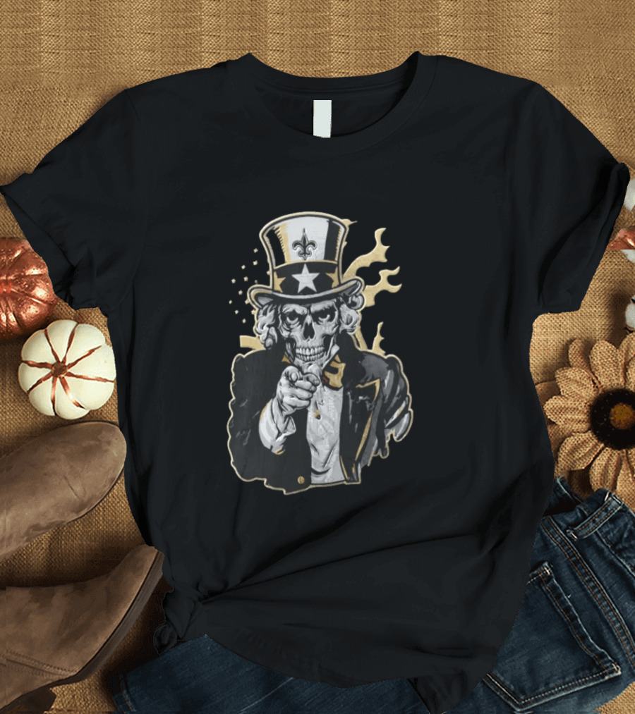 New Orleans Saints Skeleton Uncle Sam Pointing Fleur De Lis American Flag T-Shirt