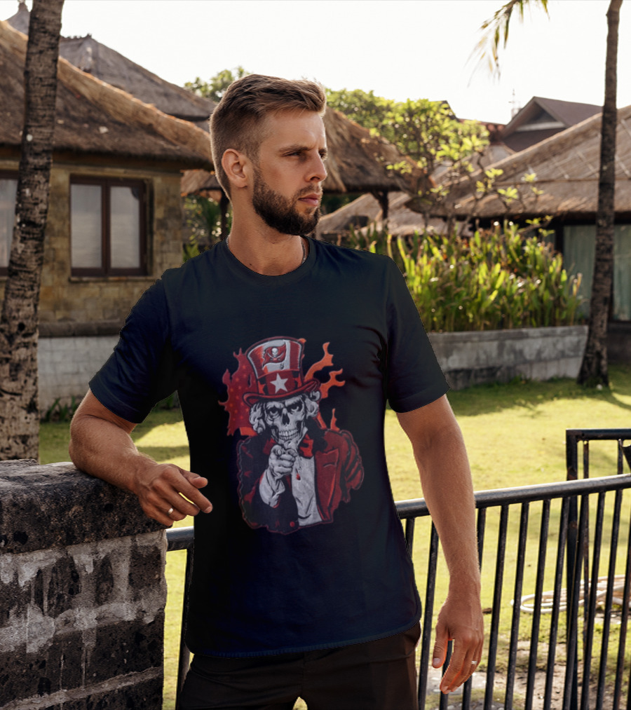 Tampa Bay Buccaneers Uncle Sam Skull American Flag Flames T-Shirt
