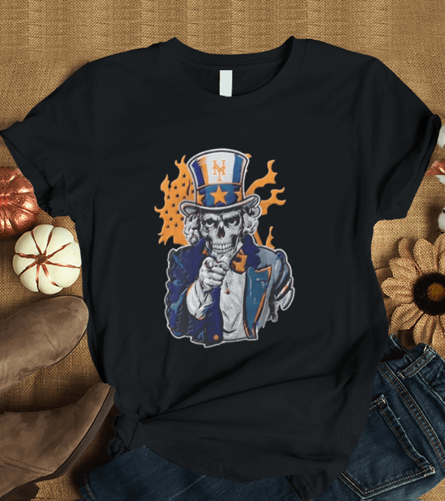 New York Mets Uncle Sam Skeleton Top Hat Stars Flames T-Shirt