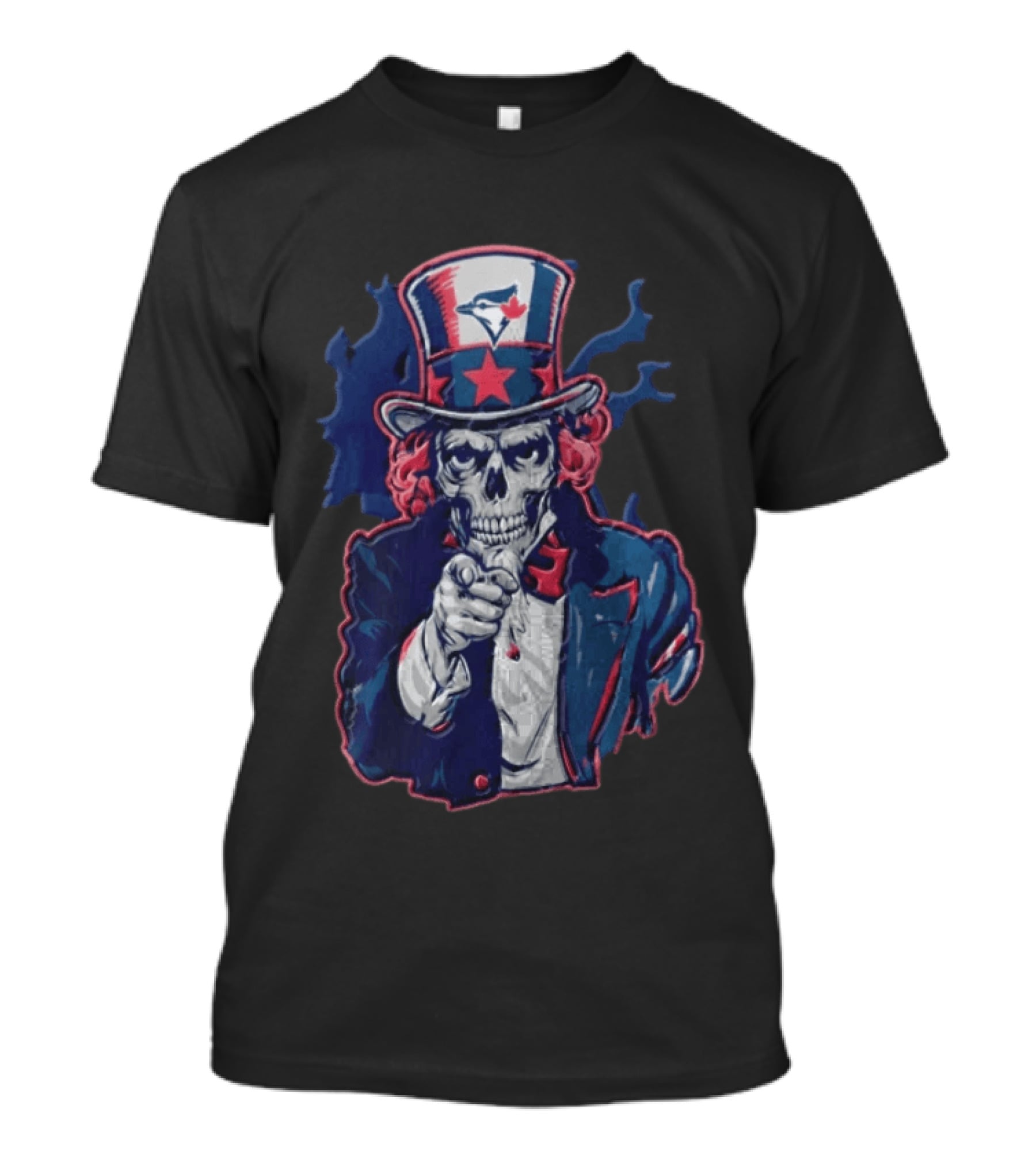 Toronto Blue Jays Skeleton Uncle Sam Pointing American Flag Bird Head Maple Leaf T-Shirt
