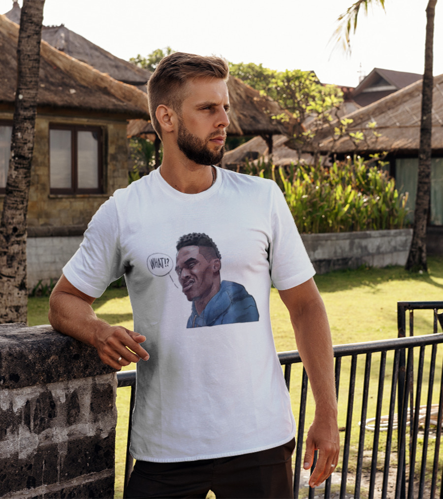 Russell Westbrook Cartoon Caricature Confused Face What Speech Bubble Blue T-Shirt
