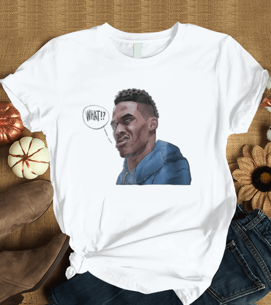Russell Westbrook Cartoon Caricature Confused Face What Speech Bubble Blue T-Shirt