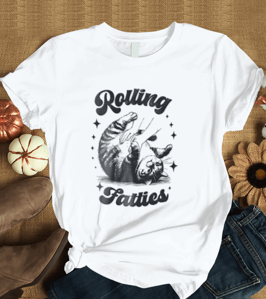 Rolling Fatties Chubby Tabby Cat Belly Rub Stars Line T-Shirt