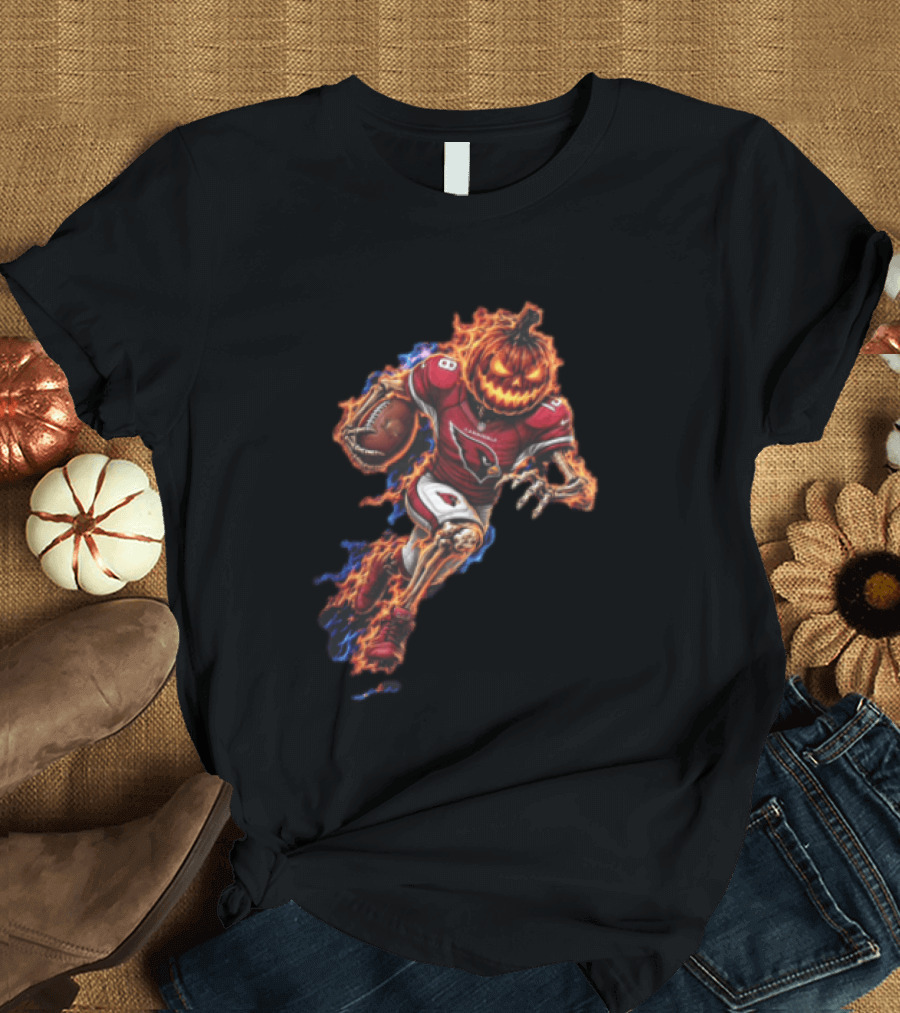 Arizona Cardinals Flaming Pumpkin Head Skeleton Football Player Halloween T-Shirt
