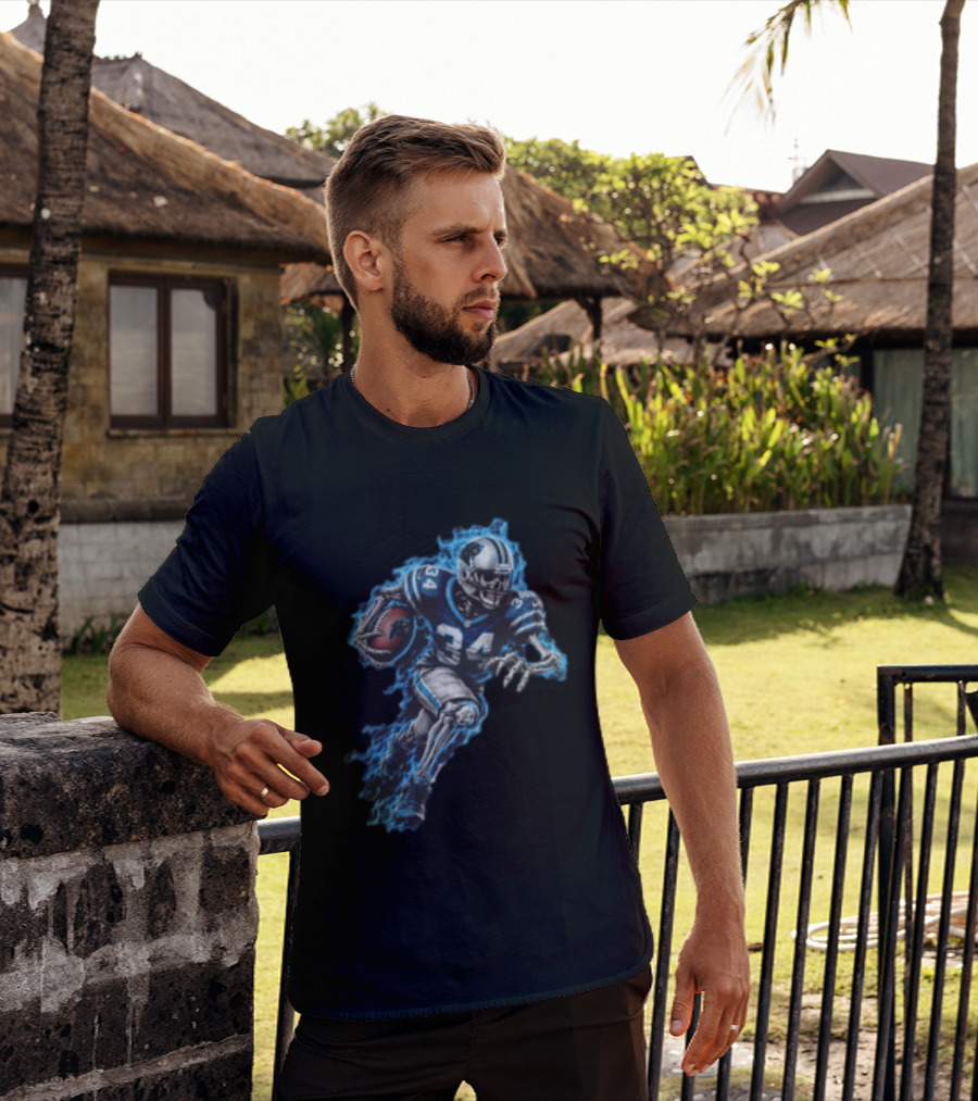 Carolina Panthers Skeleton Running Back 34 Blue Flames Football T-Shirt