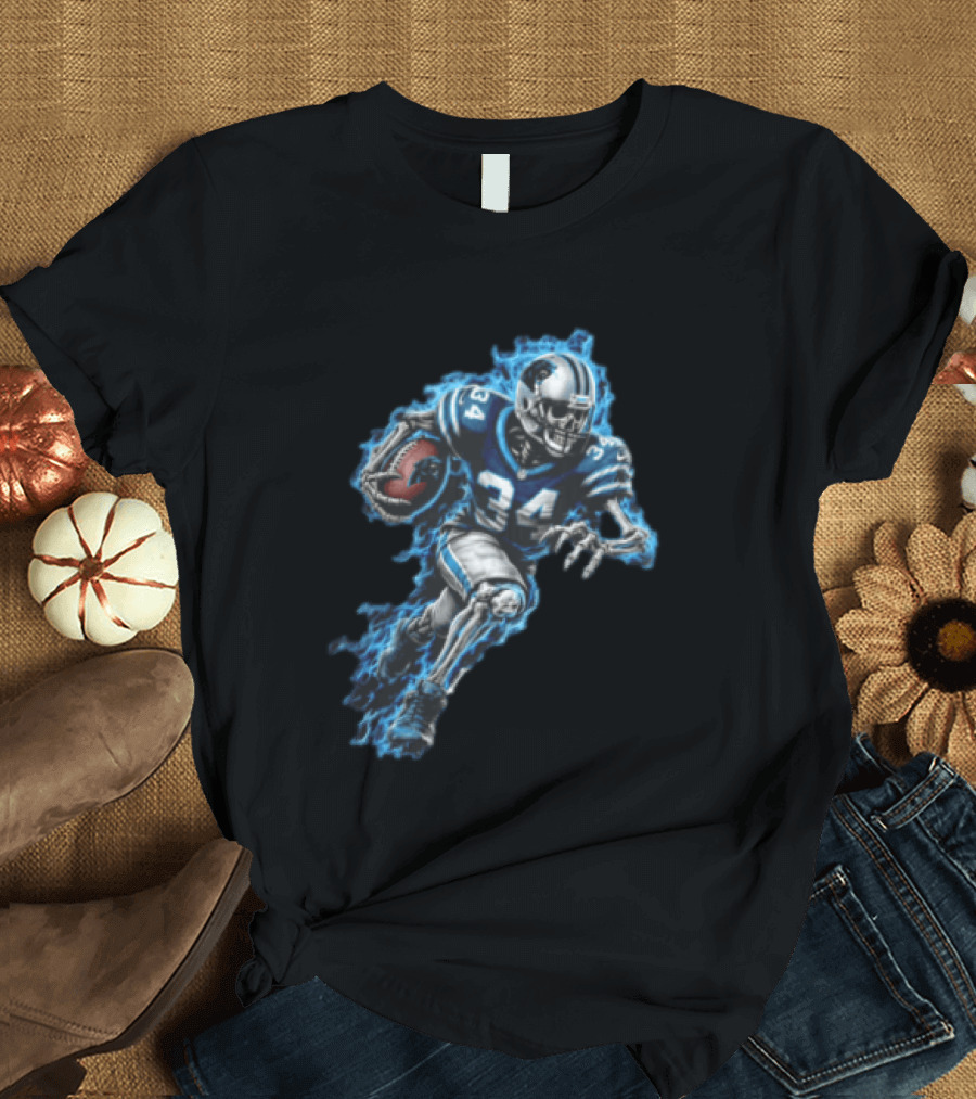 Carolina Panthers Skeleton Running Back 34 Blue Flames Football T-Shirt