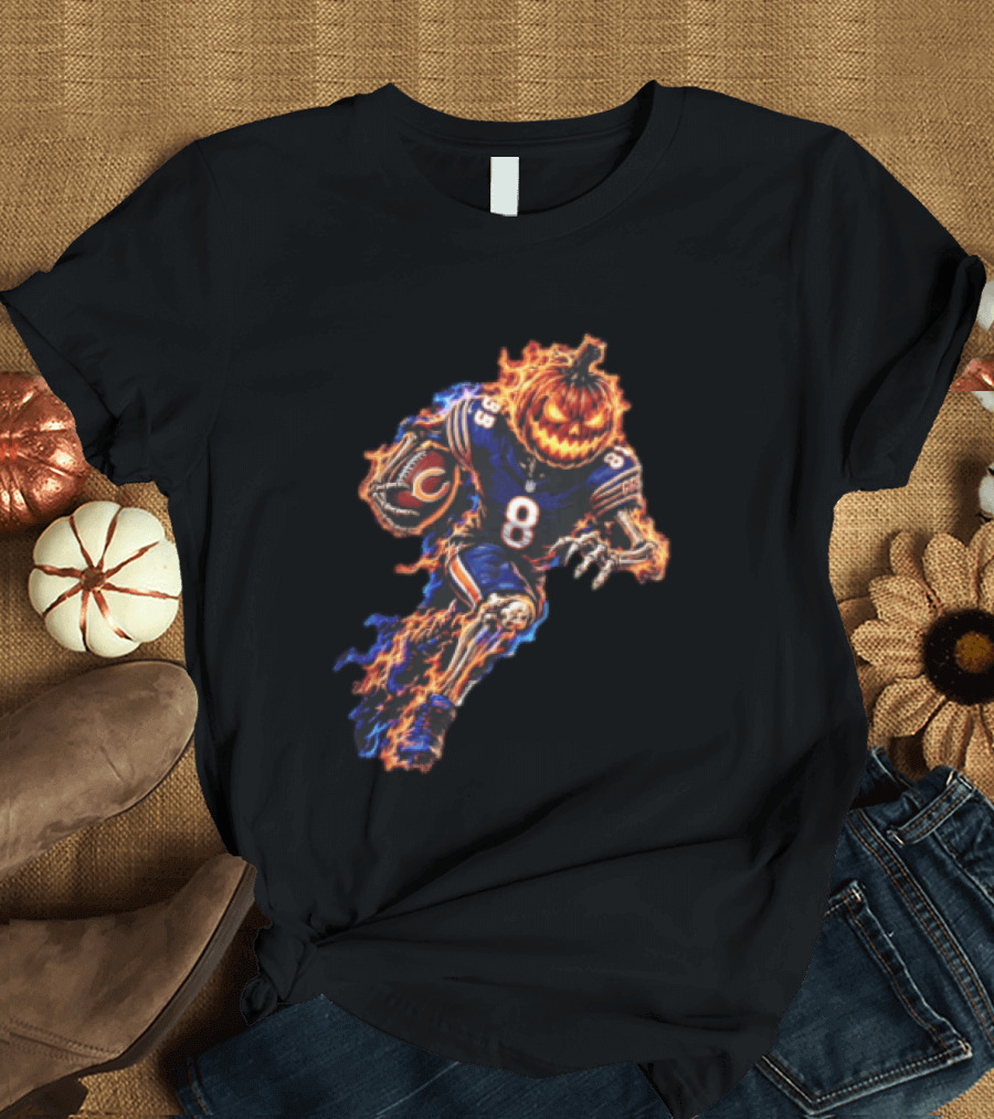 Chicago Bears Flaming Pumpkin Skeleton Football Running Halloween Scary Sports Fan T-Shirt