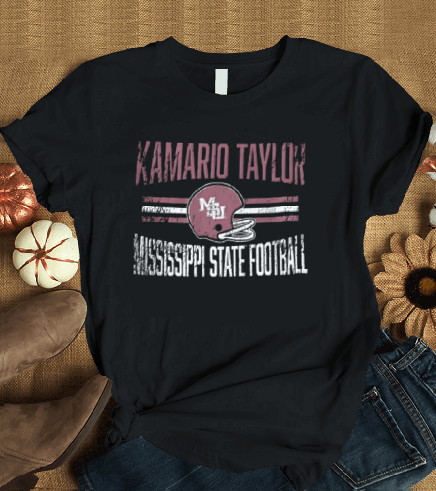 Kamario Taylor Mississippi State Bulldogs NCAA Football Distressed Helmet Horizontal Stripes T-Shirt