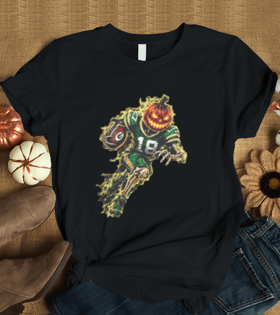 Green Bay Packers Halloween Pumpkin Head Skeleton Football Player Running T-Shirt