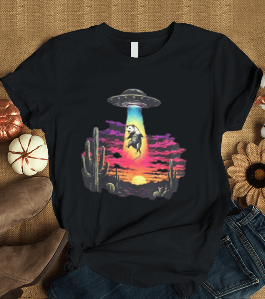 UFO Opossum Abduction In Desert Sunset Scene With Cacti And Colorful Sky T-Shirt