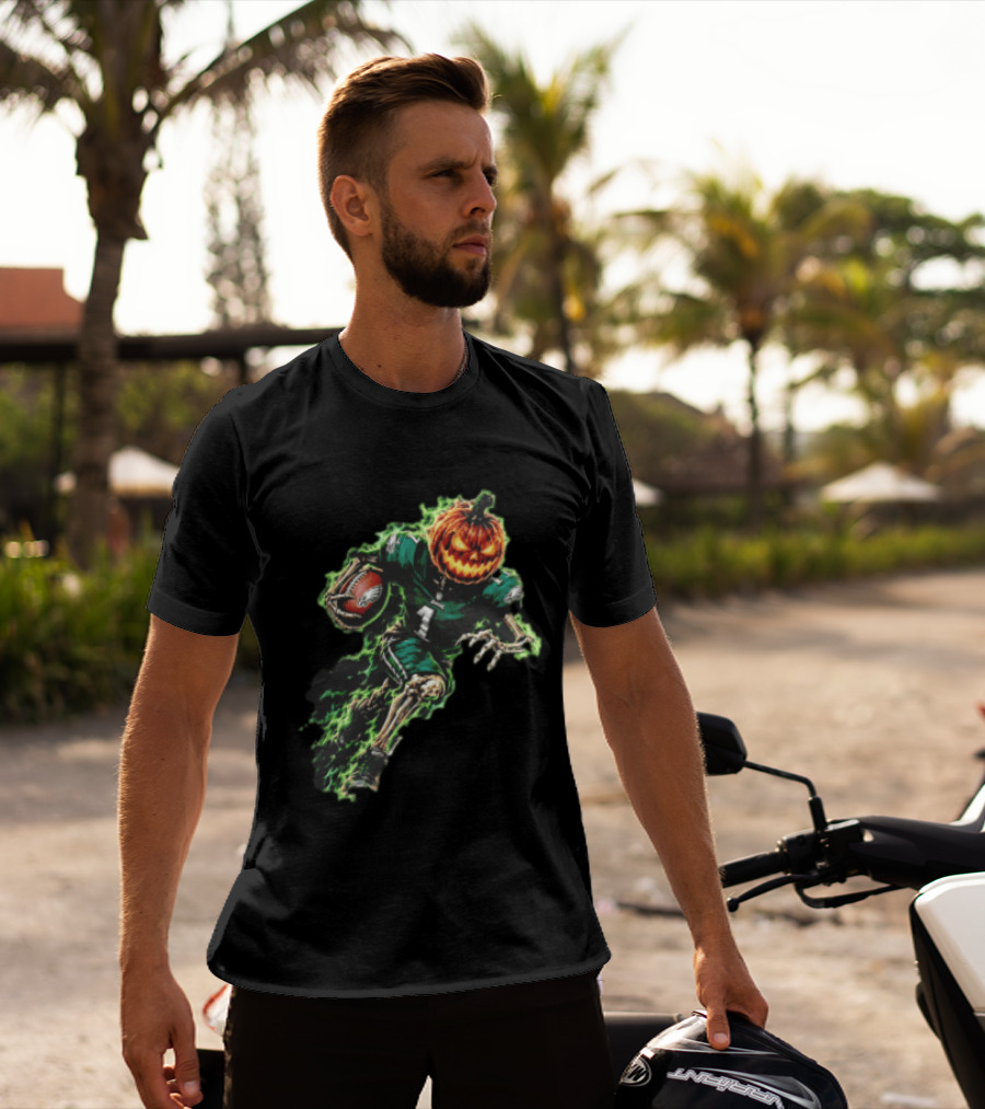 Philadelphia Eagles Pumpkin Head Skeleton Player Green Flames Football T-Shirt