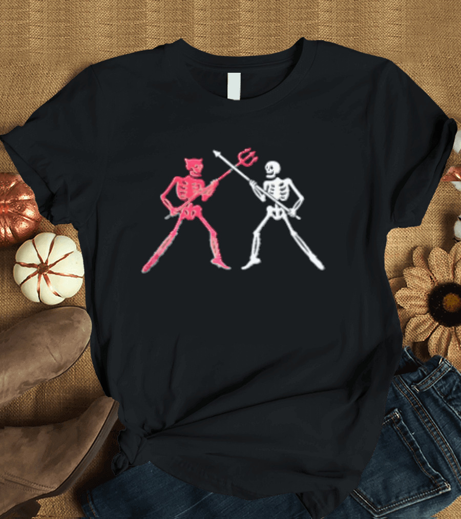 Red Horned Devil And White Skeleton Dueling With Spear And Trident Line T-Shirt