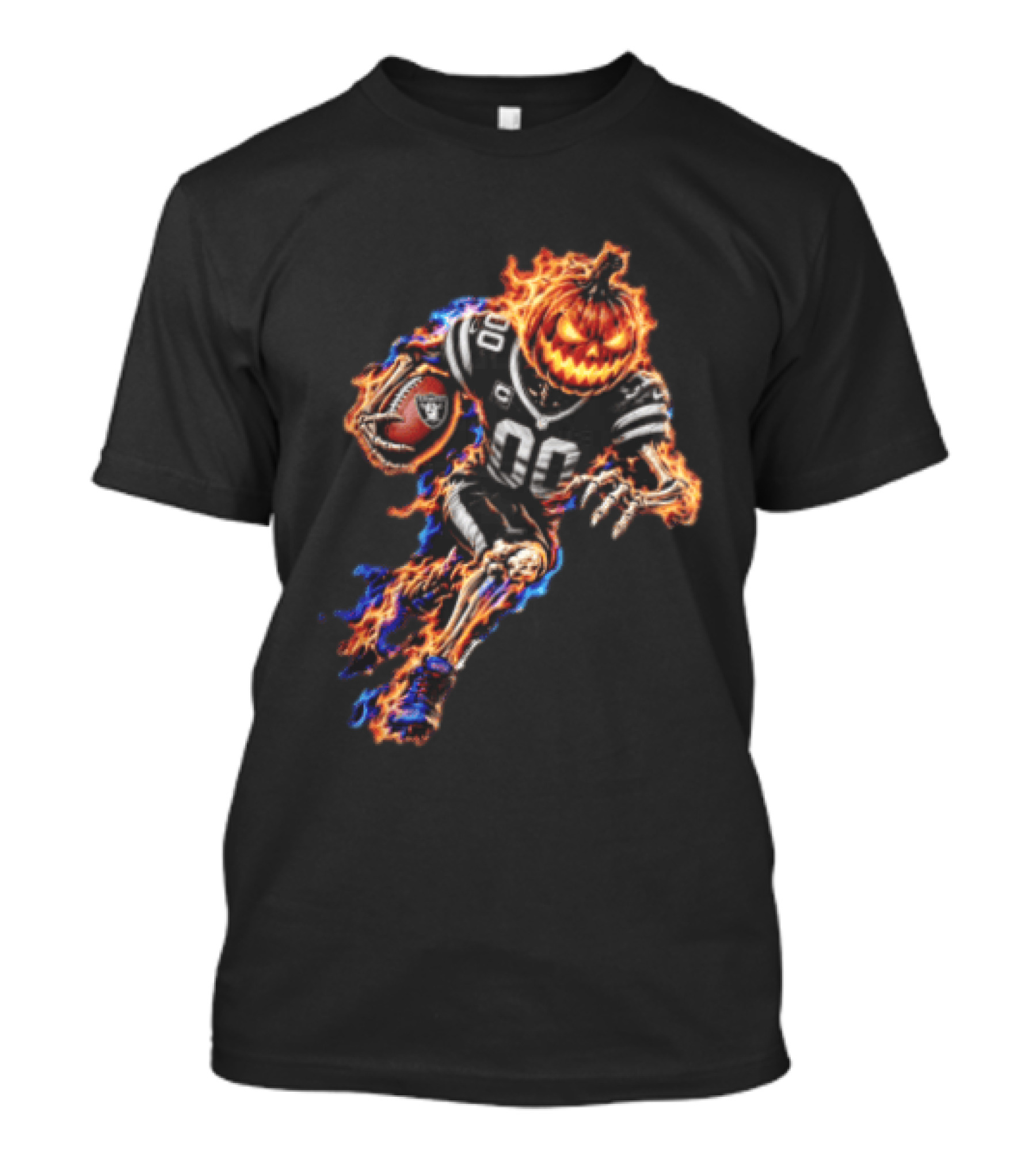 Las Vegas Raiders Flaming Pumpkin Skeleton Football Player Halloween T-Shirt