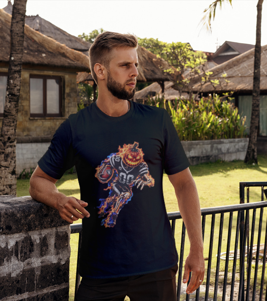 Las Vegas Raiders Flaming Pumpkin Skeleton Football Player Halloween T-Shirt