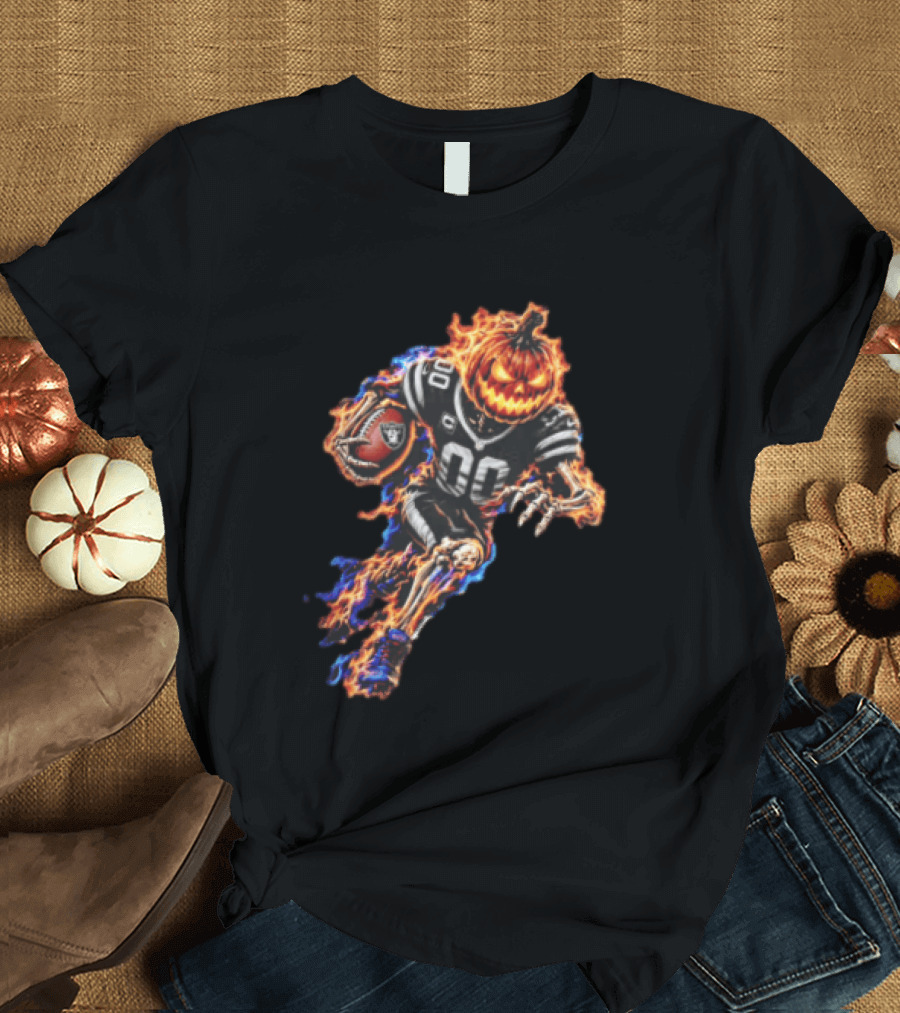 Las Vegas Raiders Flaming Pumpkin Skeleton Football Player Halloween T-Shirt