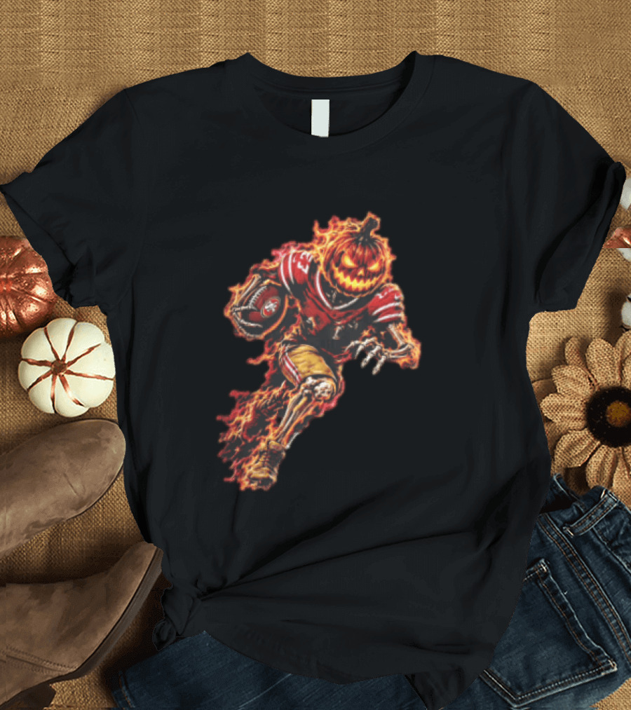 San Francisco 49ers Halloween Fiery Pumpkin Head Skeleton Football Player T-Shirt
