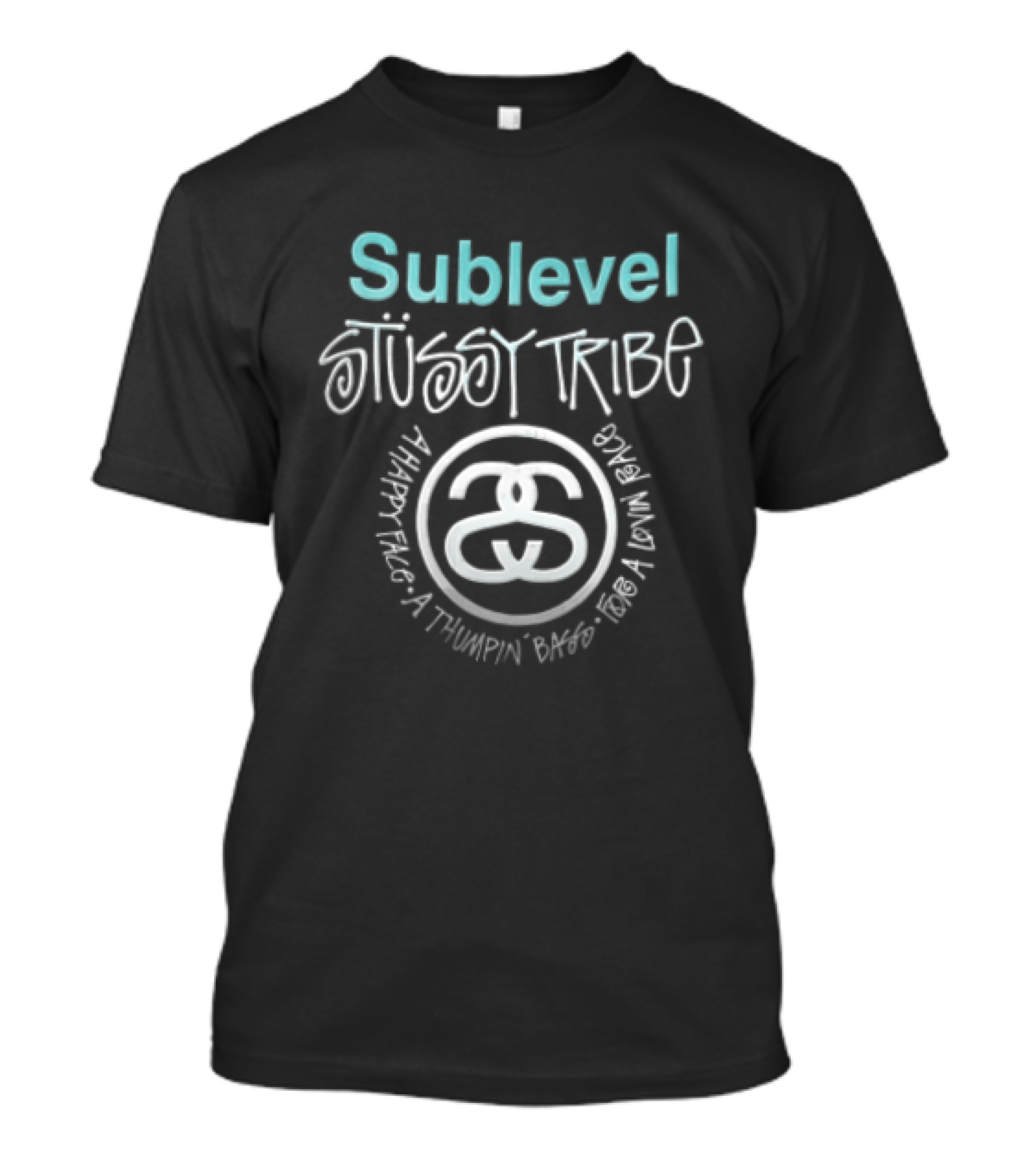 Stussy Sublevel Tribe A Happy Face Thumpin Bass For Lovin Race Interlocking Double S T-Shirt