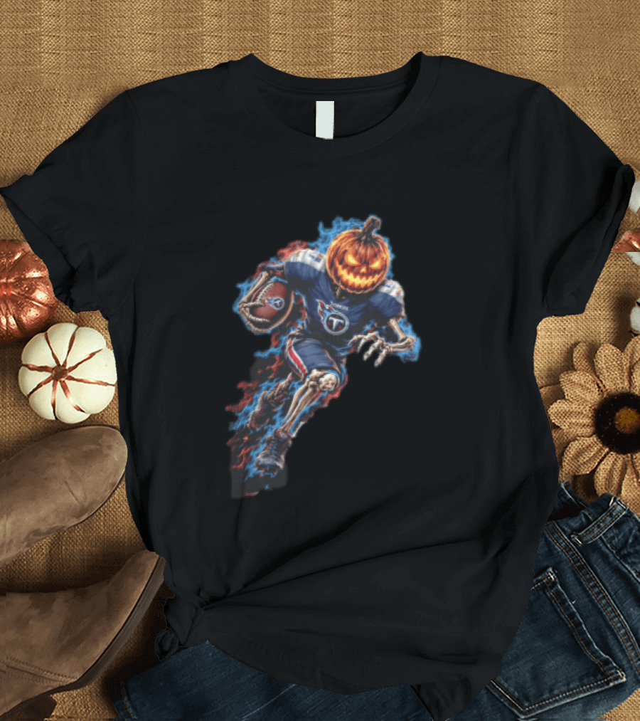 Tennessee Titans Pumpkin Head Skeleton Football Player Blue Flames Halloween NFL T-Shirt