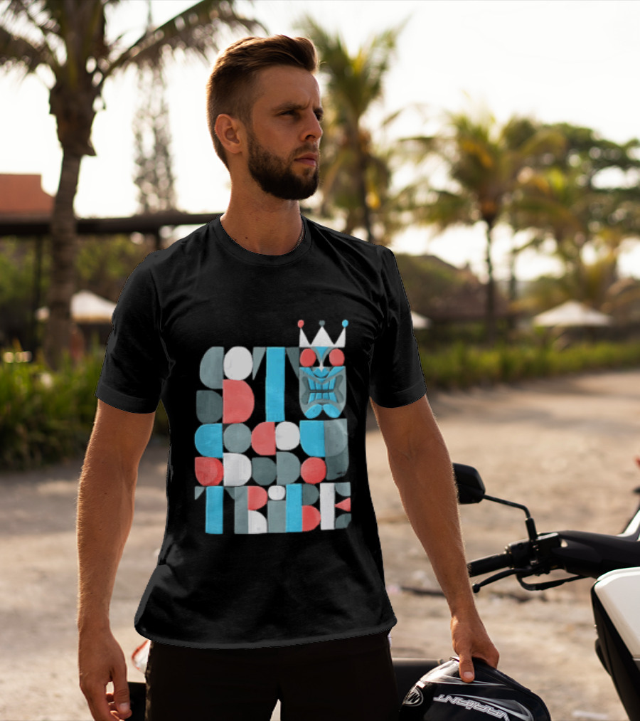 Tribe Crowned Tiki Mask Geometric Color Block T-Shirt