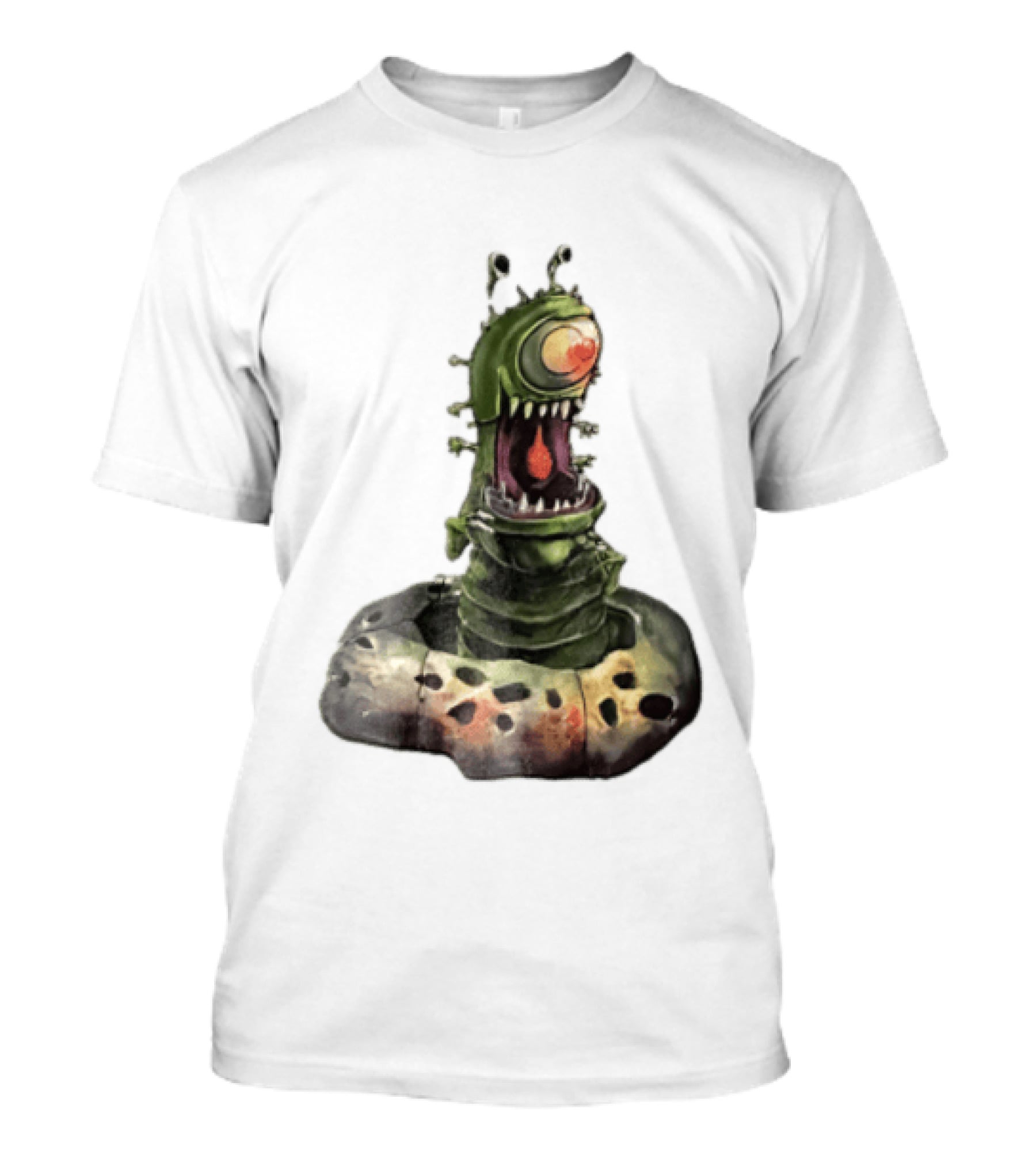 Cartoon Monstrous One Eyed Green Creature Emerging From Ground Hole T-Shirt