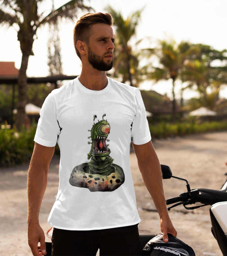 Cartoon Monstrous One Eyed Green Creature Emerging From Ground Hole T-Shirt
