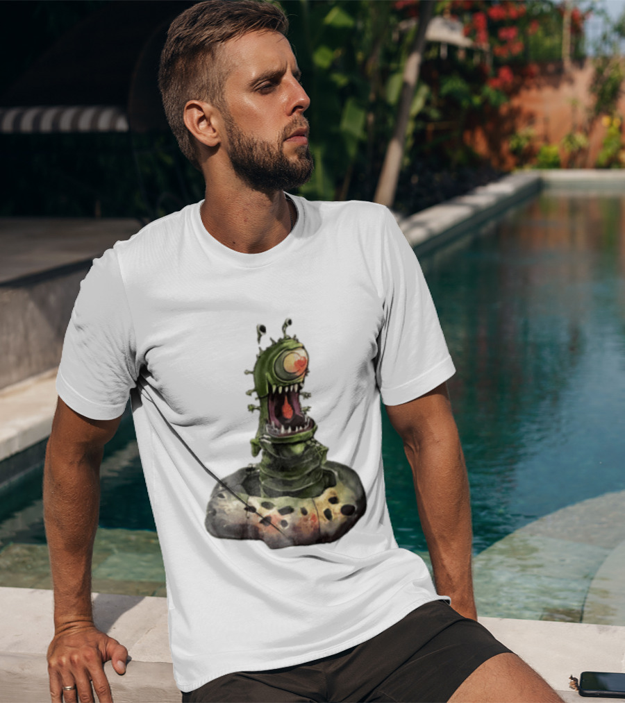 Cartoon Monstrous One Eyed Green Creature Emerging From Ground Hole T-Shirt