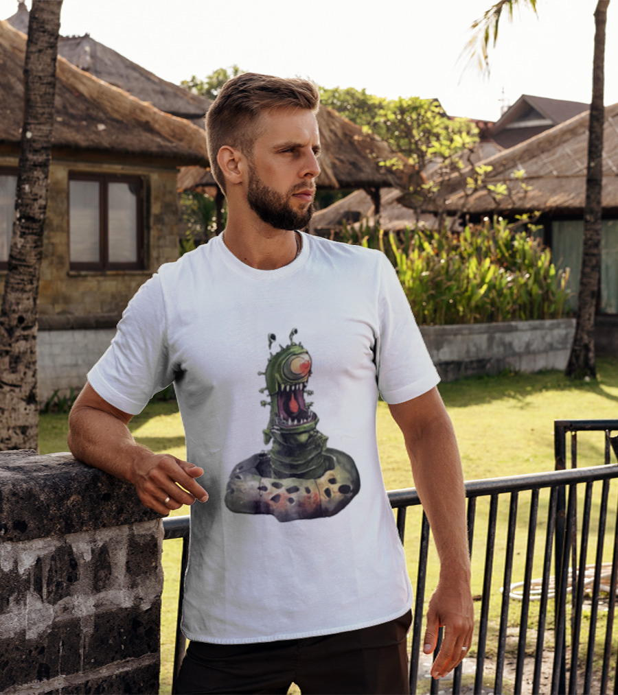 Cartoon Monstrous One Eyed Green Creature Emerging From Ground Hole T-Shirt