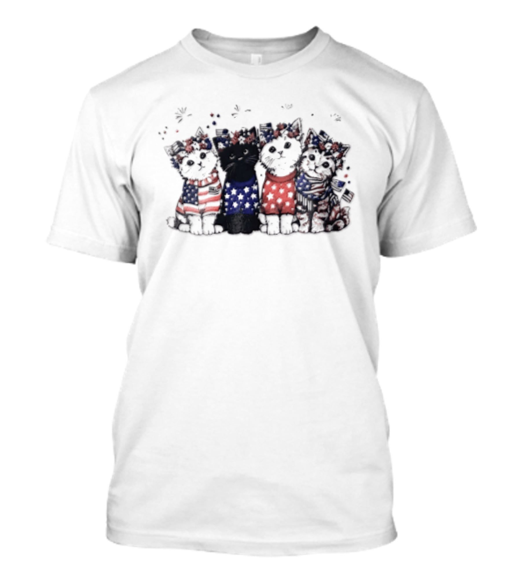 Four Patriotic Watercolor Kittens Fireworks Celebration Red White Blue T-Shirt