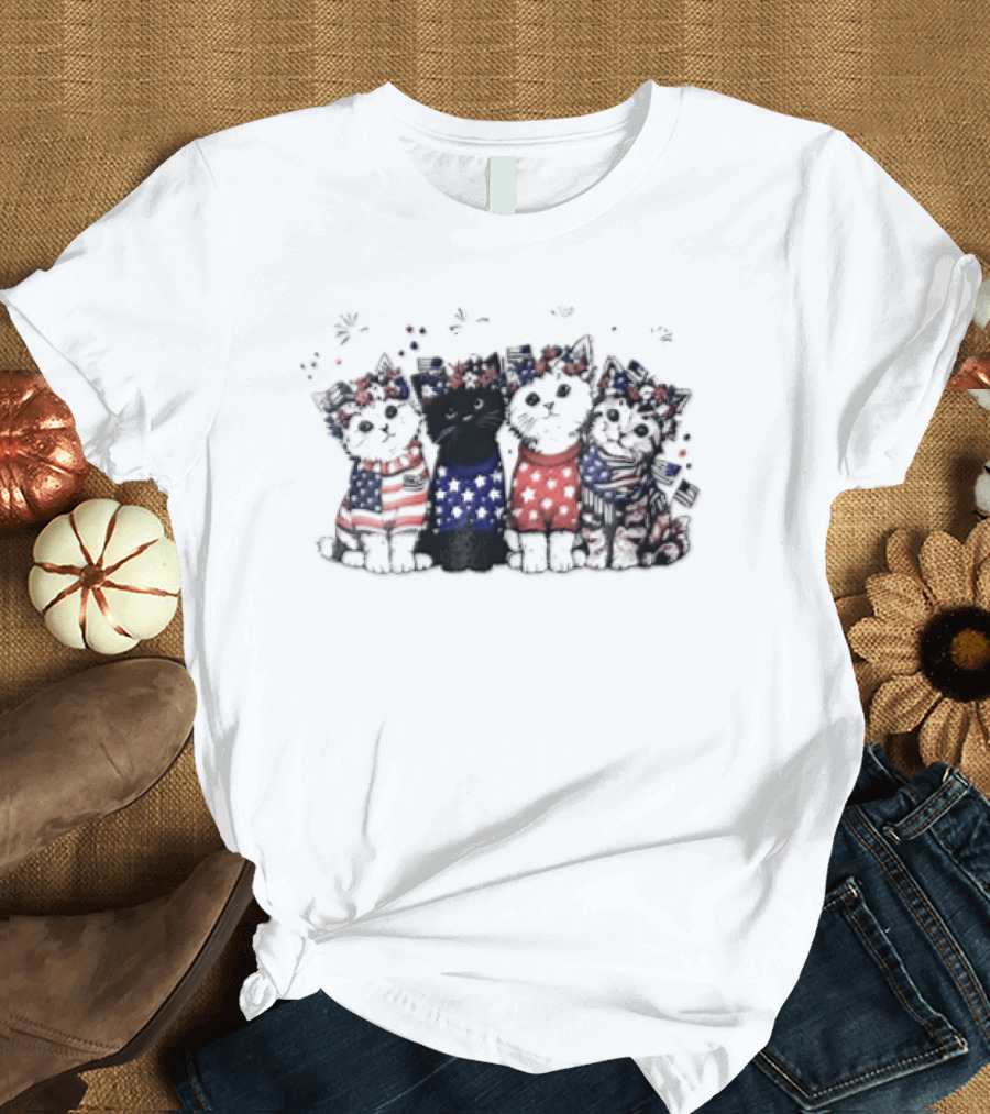 Four Patriotic Watercolor Kittens Fireworks Celebration Red White Blue T-Shirt