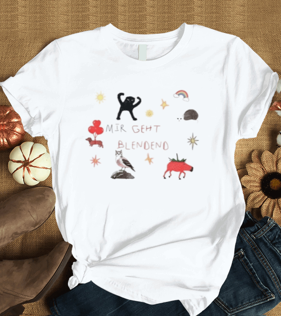 Mir Geht Es Blendend Cat Snail Strawberry Pig With Rainbow And Sun Doodles T-Shirt