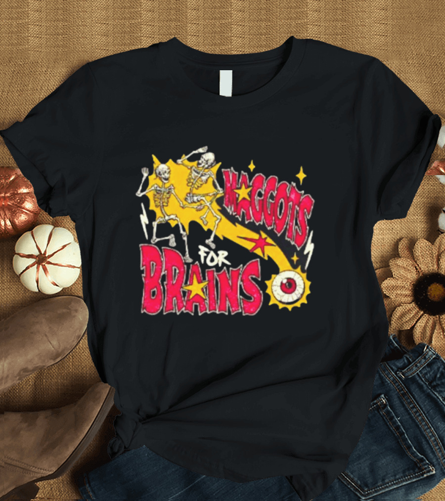 Skeleton Dance Maggots For Brains Halloween Eyeball Stars T-Shirt