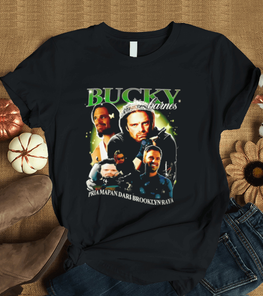 Bucky Barnes Sebastian Stan Pria Mapan Dari Brooklyn Raya Multiple Photos Crown Marvel T-Shirt