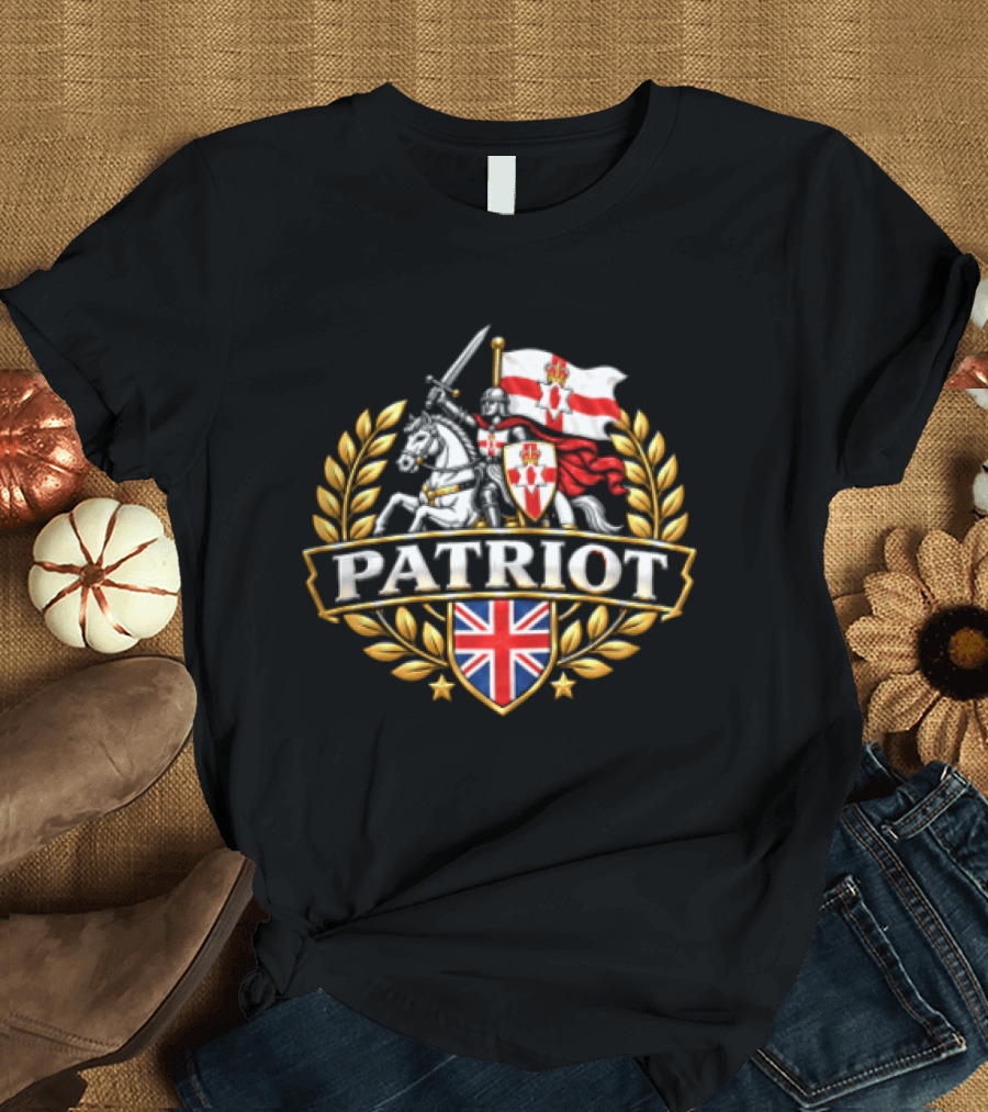 Patriot Knight Riding With Northern Ireland Flag And Union Jack Crest T-Shirt