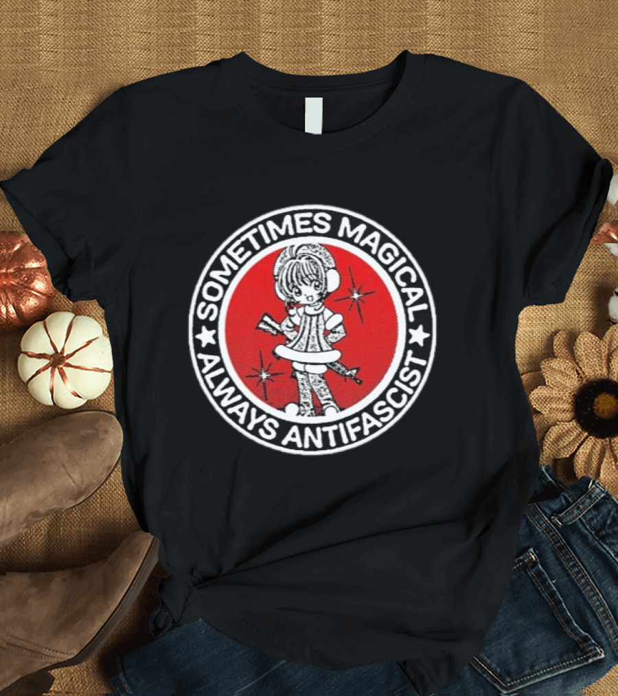 Sometimes Magical Always Antifascist With Starry Cartoon Character In Red Circle T-Shirt
