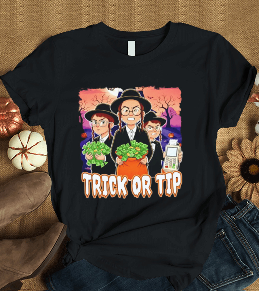 Trick Or Tip Halloween Money Bag Cartoon Characters Holding Cash And Payment Terminal T-Shirt
