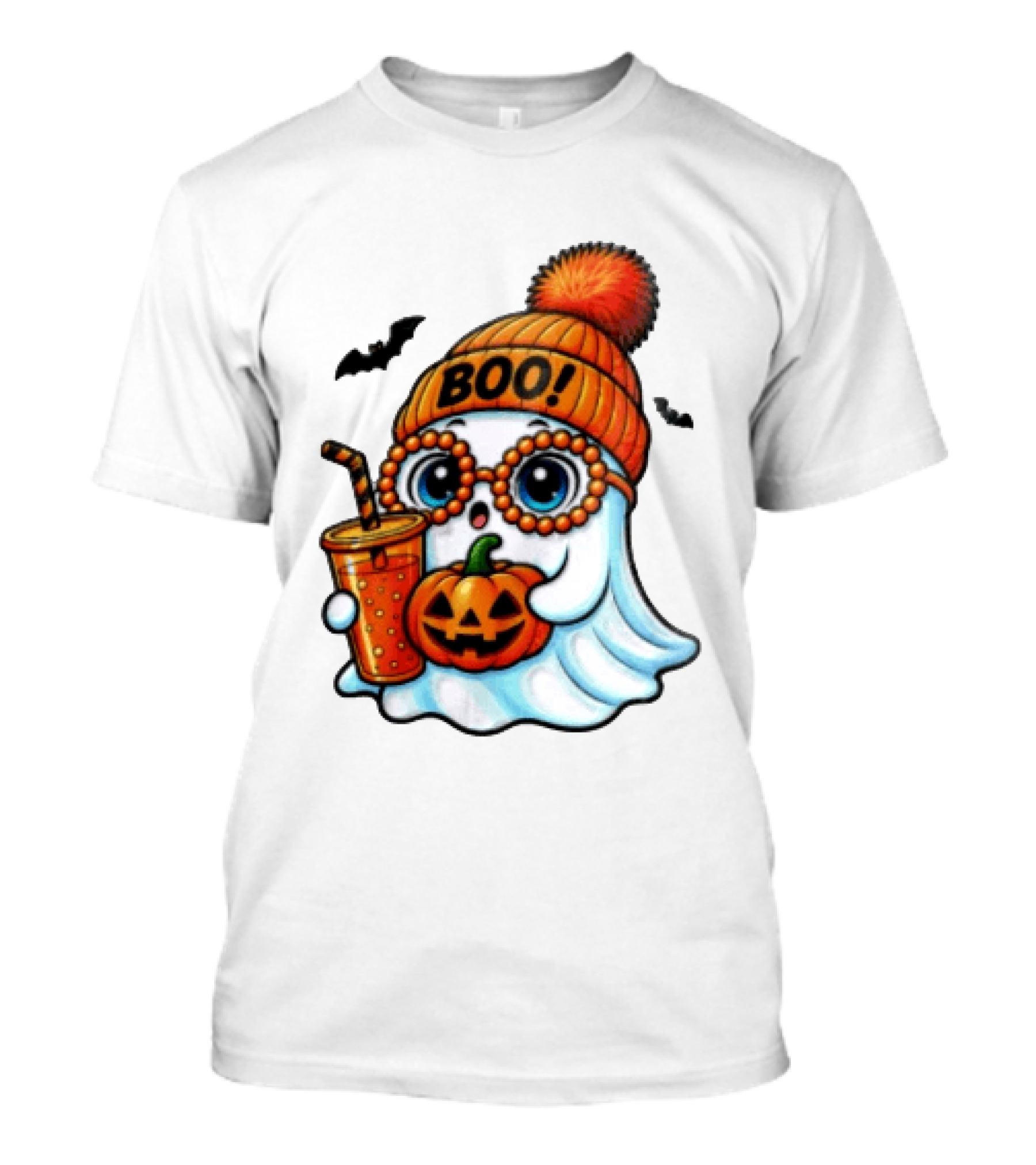 BOO Halloween Ghost With Pumpkin And Drink Spooky Fall Vibes T-Shirt