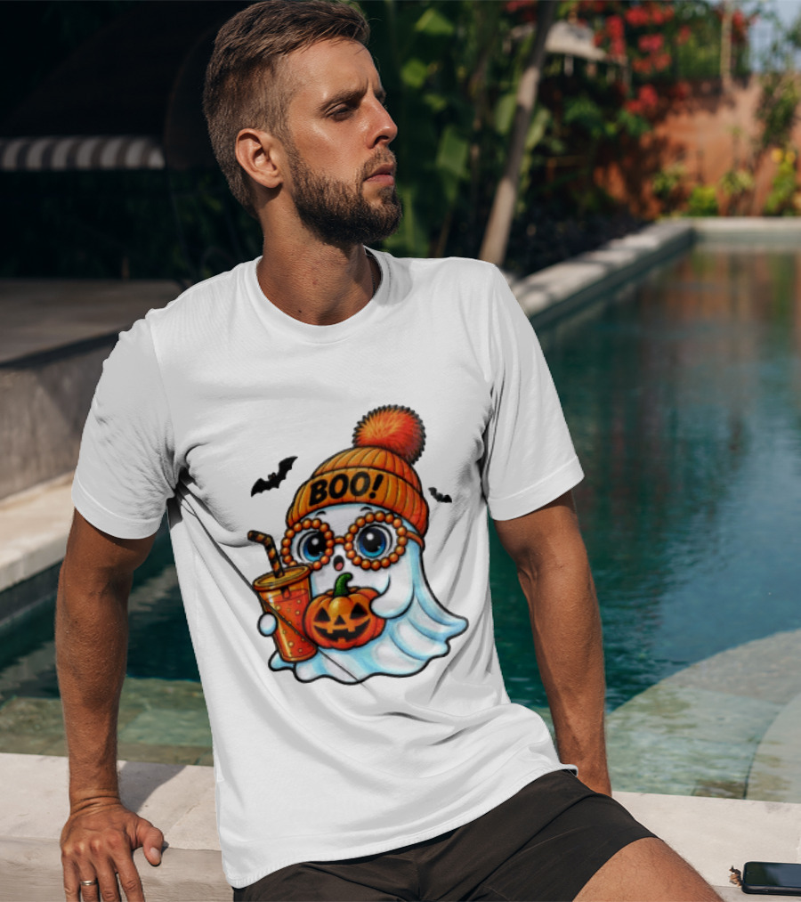 BOO Halloween Ghost With Pumpkin And Drink Spooky Fall Vibes T-Shirt