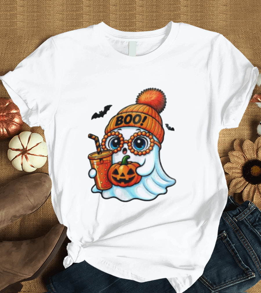 BOO Halloween Ghost With Pumpkin And Drink Spooky Fall Vibes T-Shirt