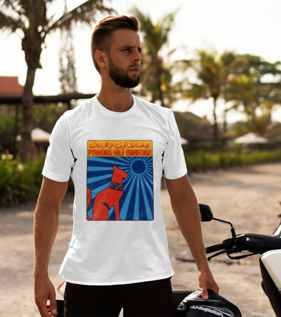 Pyramids Half Marathon Egypt Cat Sunburst Arabic T-Shirt