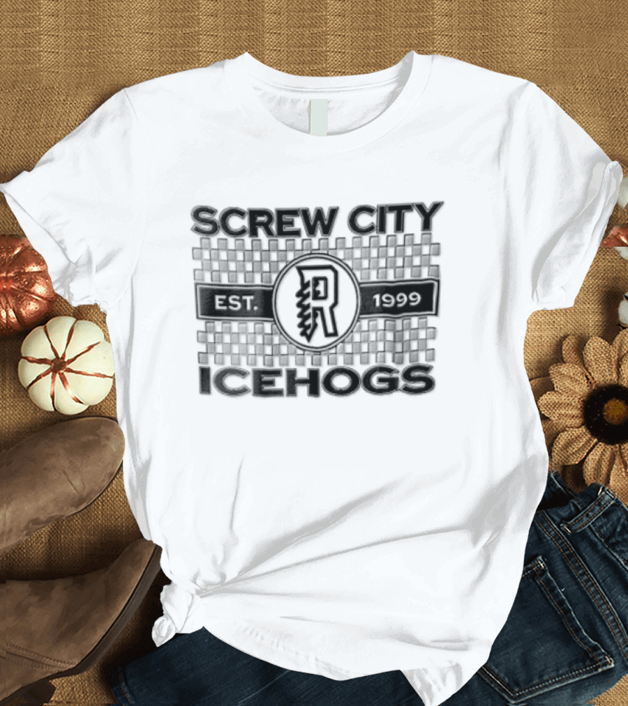 Screw City Rockford IceHogs Letter R 1999 Checkered T-Shirt