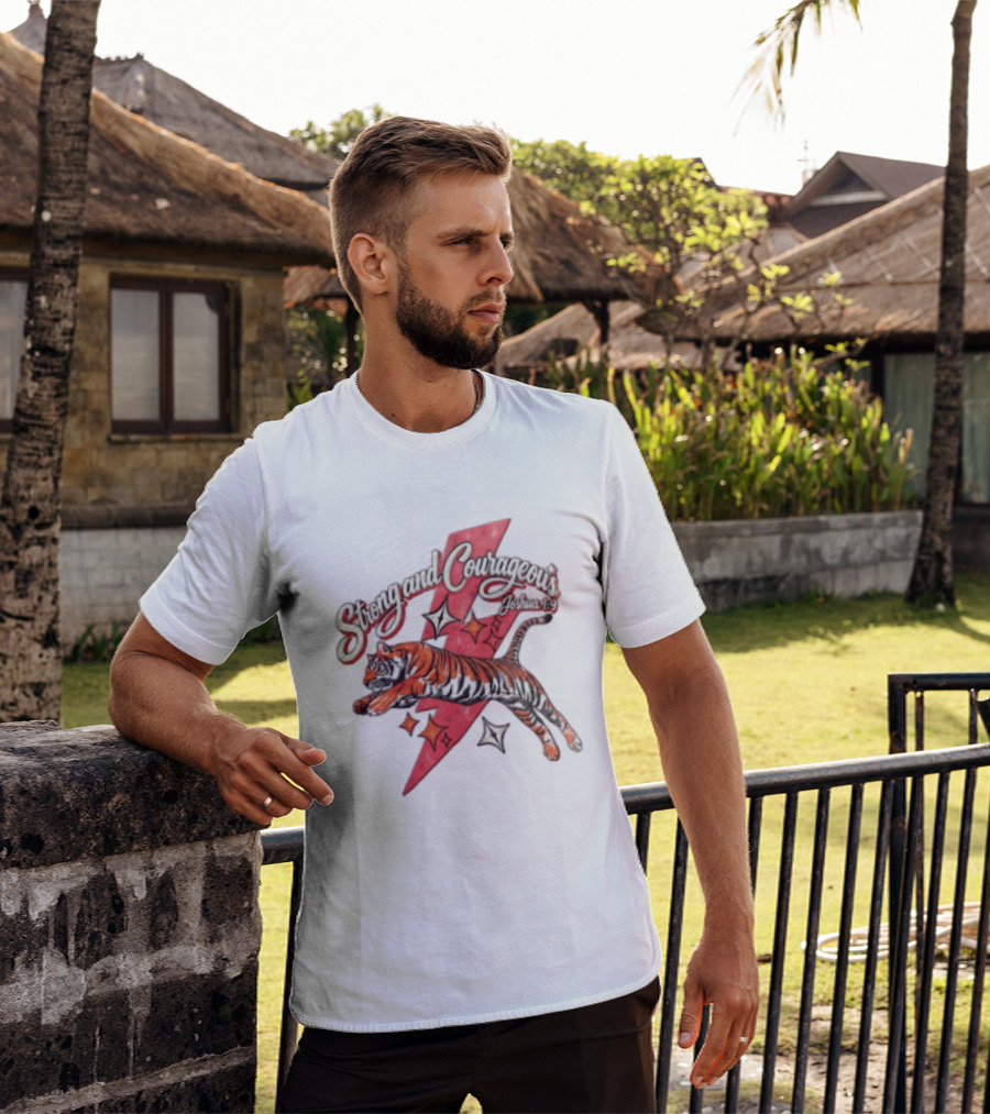Strong And Courageous Joshua 1 9 Leaping Tiger Pink Lightning Bolt Stars T-Shirt