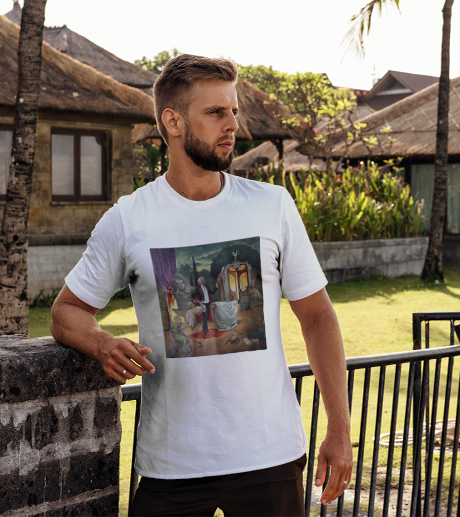 Surreal Gothic Man With Candle And Floating Figures Mysterious Enchantment T-Shirt