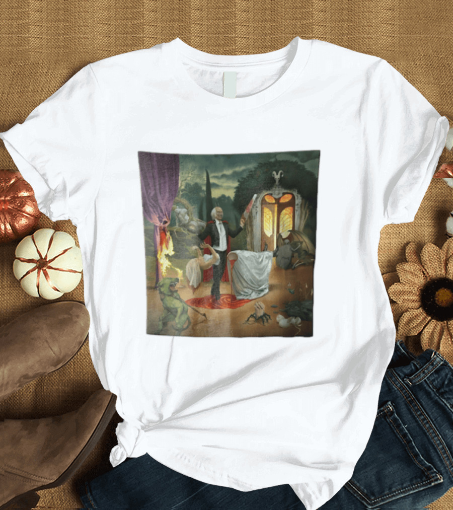 Surreal Gothic Man With Candle And Floating Figures Mysterious Enchantment T-Shirt