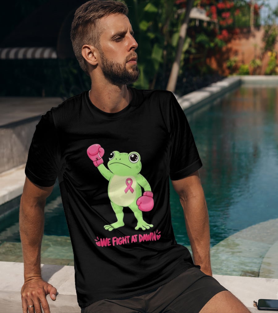 Boxing Frog We Fight At Dawn Breast Cancer Awareness Pink Gloves Ribbon T-Shirt