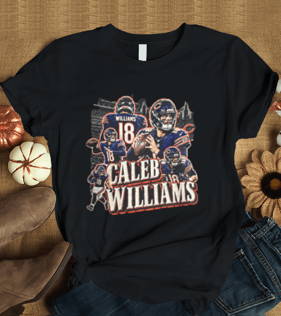 Chicago Bears Caleb Williams Action Poses Number 18 Football Scene T-Shirt