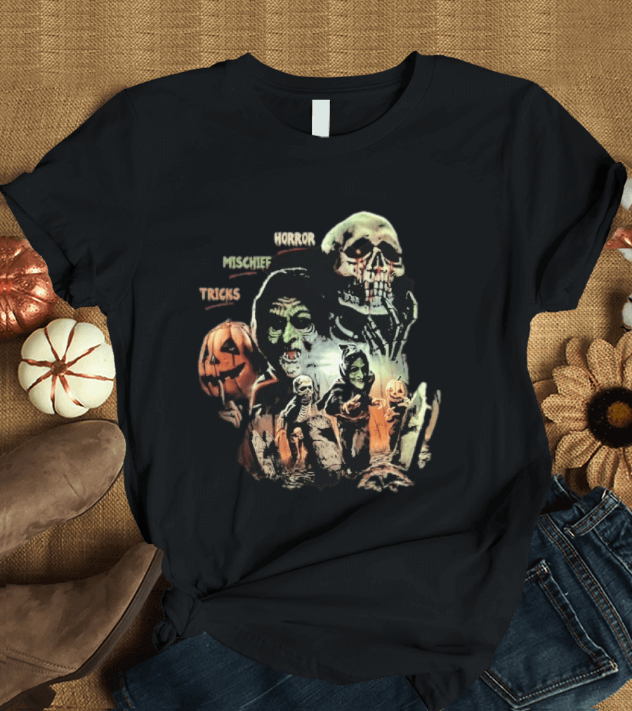 Halloween Horror Mischief Tricks Spooky Trio Skeletons And Jack O' Lanterns T-Shirt
